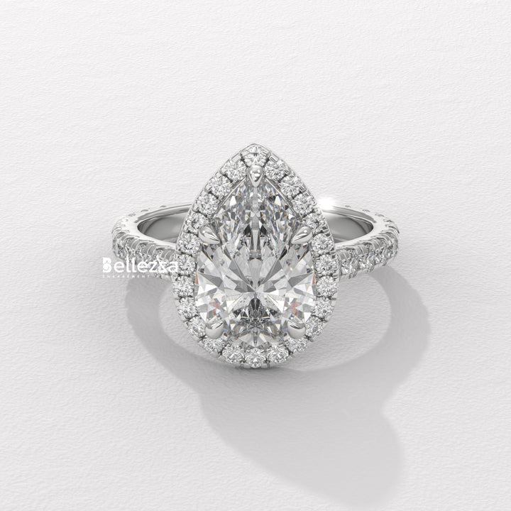 1.50-2.50CT Pear Cut CVD Diamond Halo Pave Setting Engagement Ring