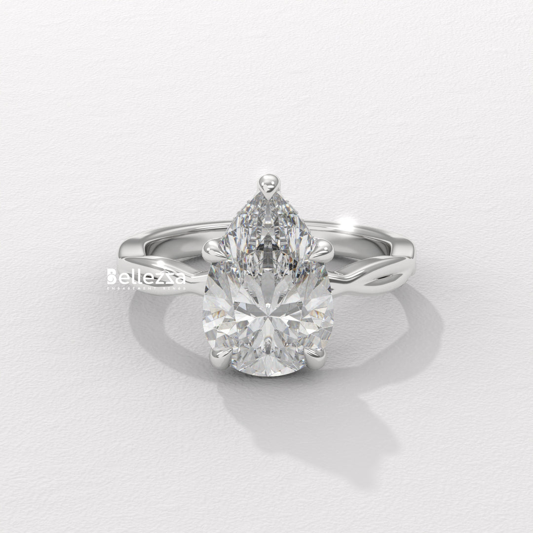 1.50-2.50CT Pear Cut Twisted Hidden Halo CVD Diamond Engagement Ring