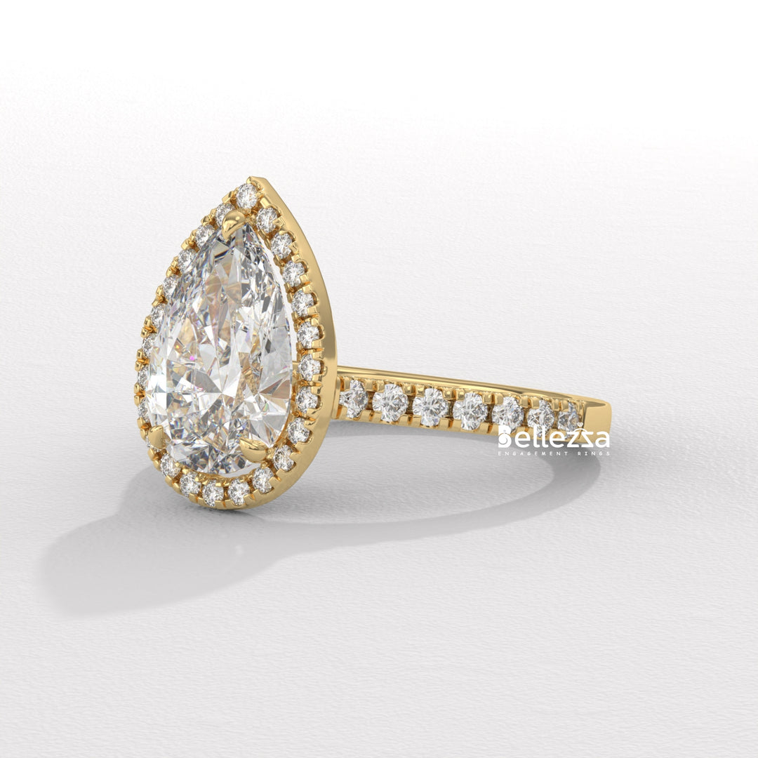 1.50-2.50CT Pear Cut CVD Diamond Halo Pave Setting Engagement Ring