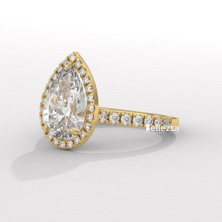 1.50-2.50CT Pear Cut CVD Diamond Halo Pave Setting Engagement Ring