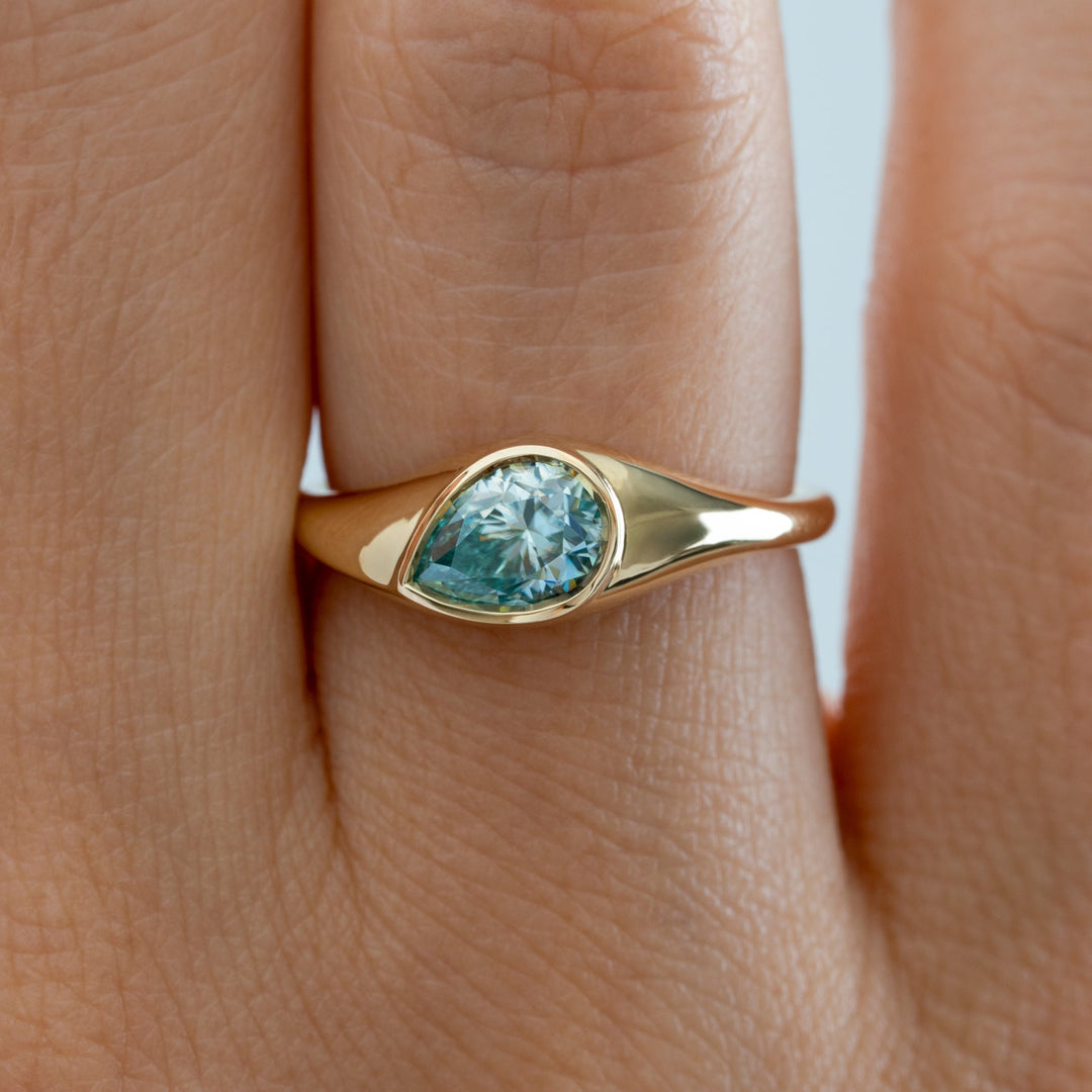 1.0CT Light Blue Pear Diamond Bezel Setting Unique Lab Grown Engagement Ring