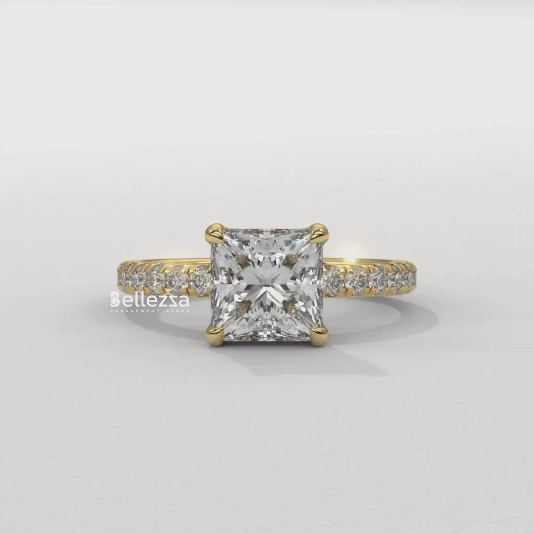 1.0-2.0CT Princess Cut CVD Diamond Pave Setting Engagement Ring