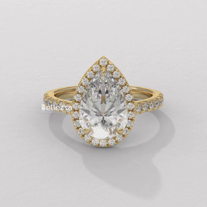 1.50-2.50CT Pear Cut CVD Diamond Halo Pave Setting Engagement Ring