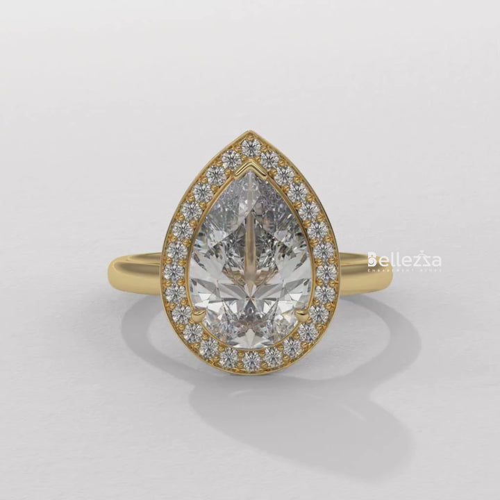 1.50-2.50CT Pear Cut CVD Diamond Halo Pave Setting Engagement Ring