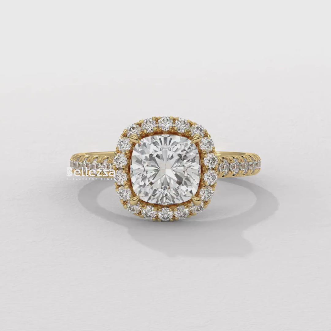 1.0-2.0CT Cushion Cut CVD Diamond Halo Pave Setting Engagement Ring