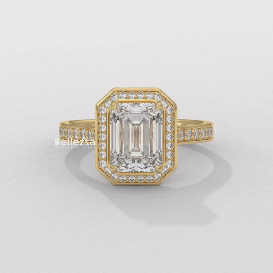 2.0-3.0CT Emerald Cut CVD Diamond Halo Pave Set Engagement Ring