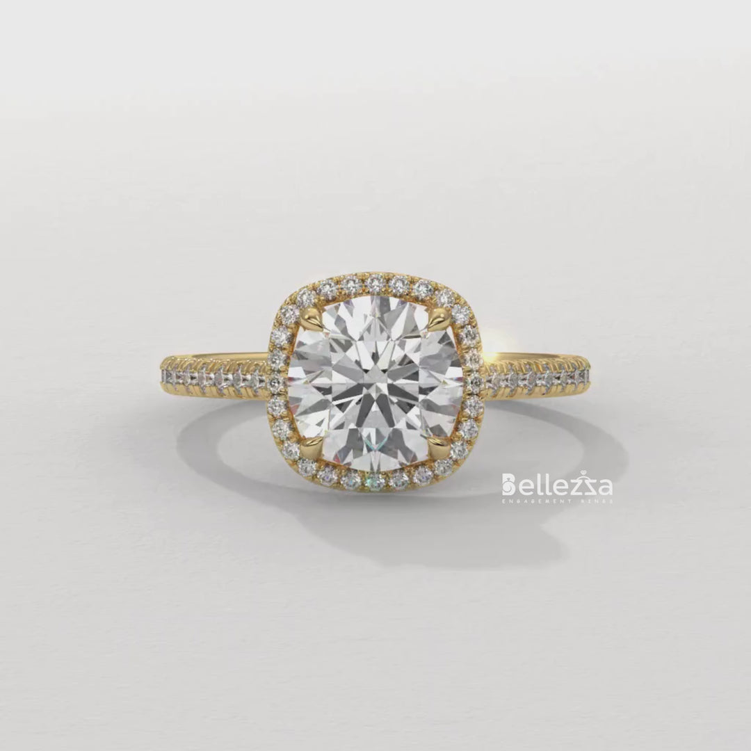 1.0-2.0CT Round Cut Halo Pave Setting Lab Grown Diamond Engagement Ring