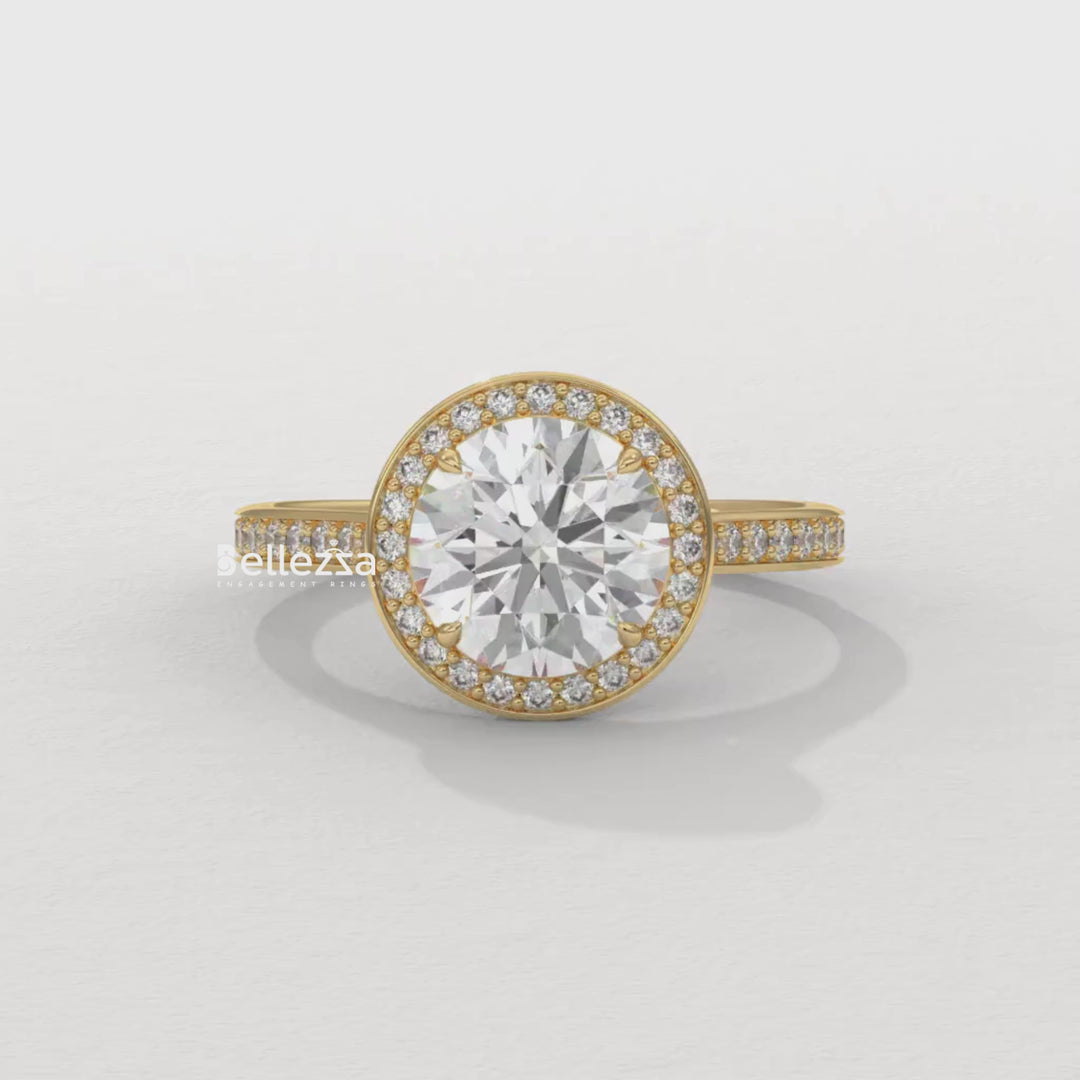 1.0-2.0CT Round Cut CVD Diamond Halo Pave Setting Engagement Ring