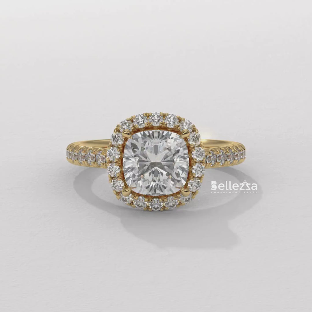 1.0-2.0CT Cushion Cut CVD Diamond Halo Pave Setting Engagement Ring