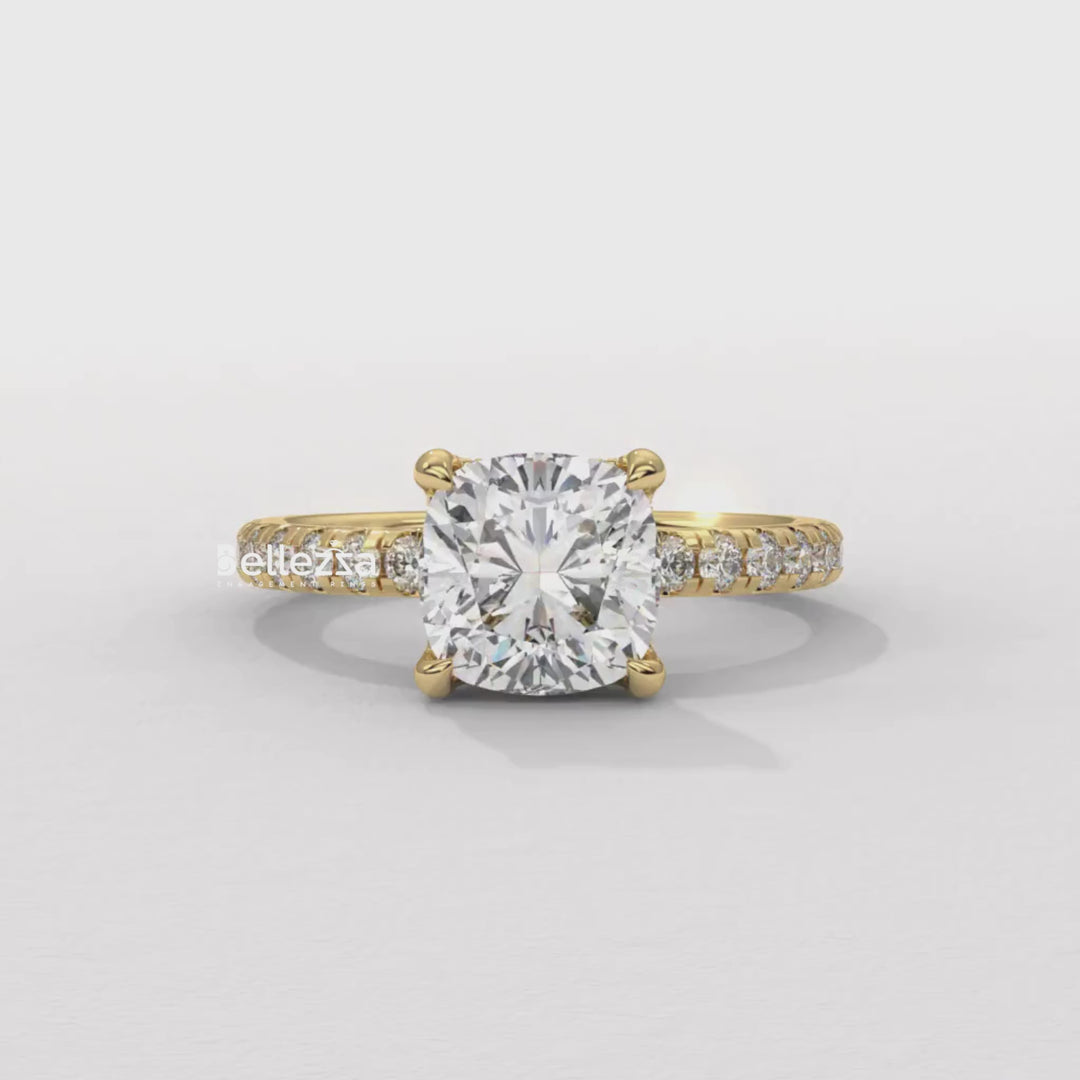 1.0-2.0CT Cushion Cut Diamond Pave Setting Lab Grown Engagement Ring