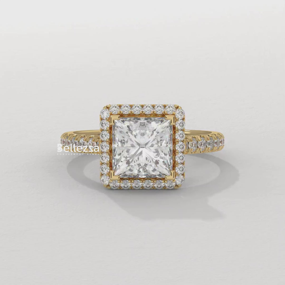 1.0-2.0CT Princess Cut Diamond Halo Pave Setting Lab Grown Engagement Ring