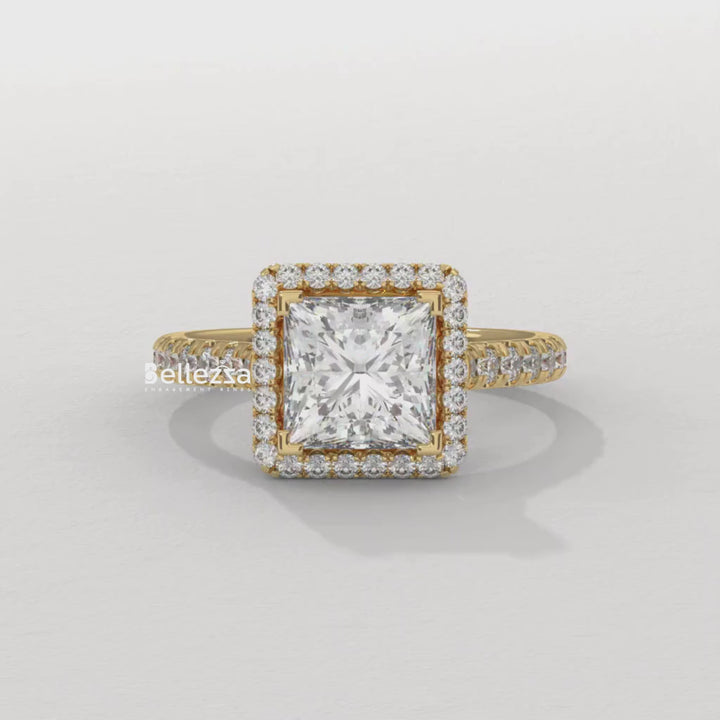 1.0-2.0CT Princess Cut Diamond Halo Pave Setting Lab Grown Engagement Ring