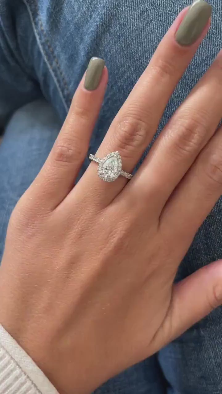 1.0 CT Pear Cut Halo Pave Moissanite Engagement Ring