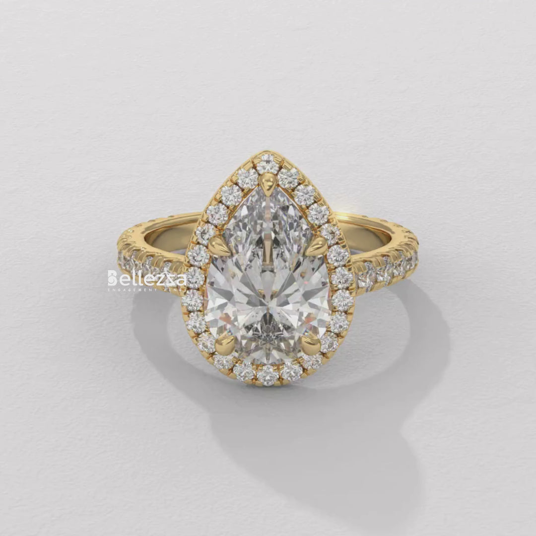 1.50-2.50CT Pear Cut CVD Diamond Halo Pave Setting Engagement Ring