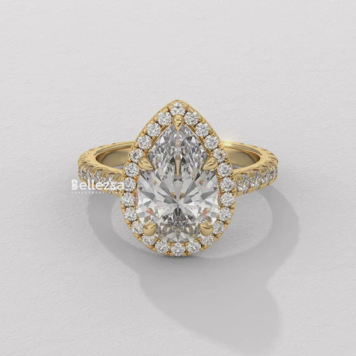 1.50-2.50CT Pear Cut CVD Diamond Halo Pave Setting Engagement Ring