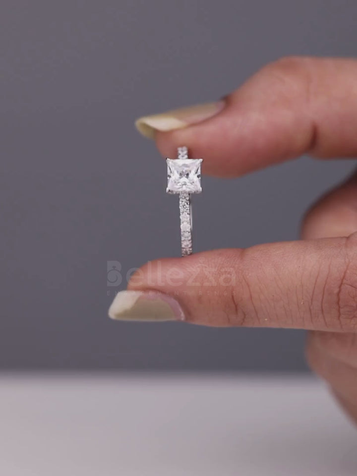 1.0CT Princess Cut Diamond Pave Setting Moissanite Engagement Ring