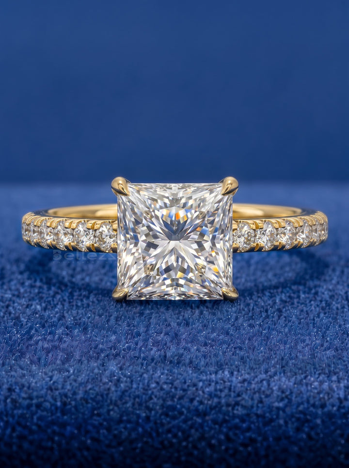 1.0-2.0CT Princess Cut Lab Grown Diamond Pave Setting Engagement Ring
