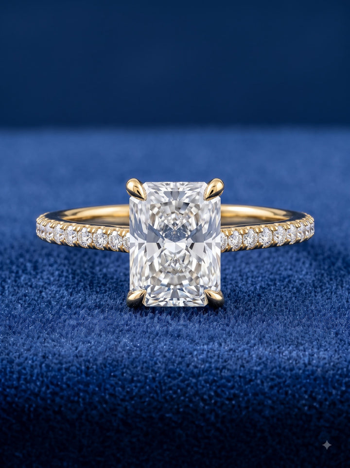 1.0-3.0 CT Radiant  Lab Grown Diamond Hidden Halo Engagement Ring With Pave Setting