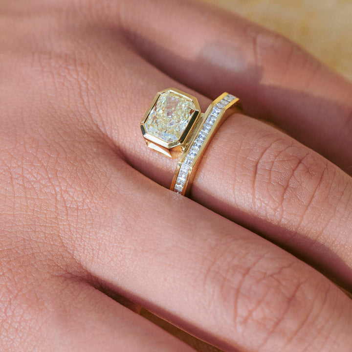 2.0CT Fancy Yellow Radiant East-West Bezel Setting Unique Lab Grown Engagement Ring
