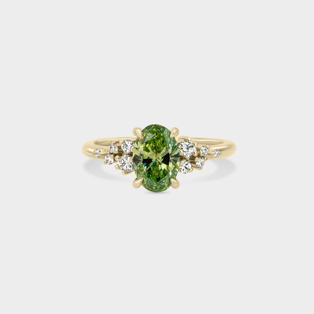 1.0CT Fancy Green Oval Cut Cluster Setting Lab Grown Engagement Ring