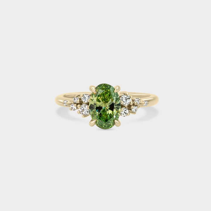 1.0CT Fancy Green Oval Cut Cluster Setting Lab Grown Engagement Ring