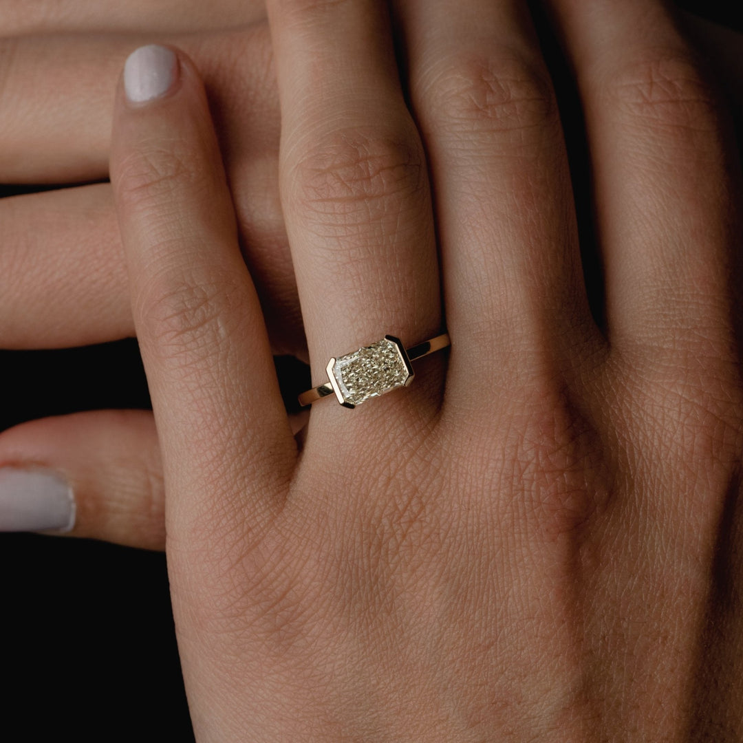 2.0CT Fancy Yellow East-West Radiant Diamond Half Bezel Setting Lab Grown Ring