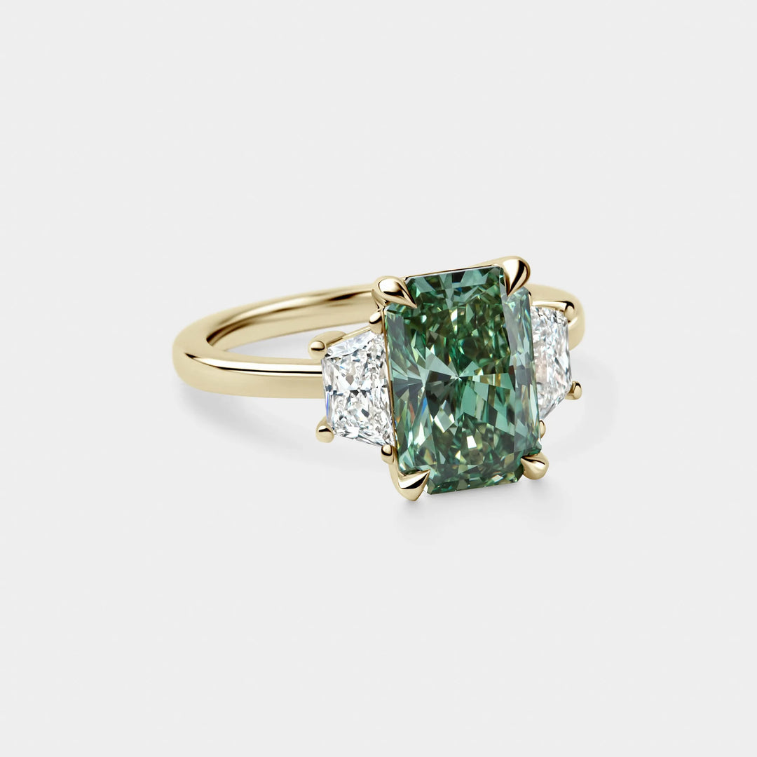 3.50CT Fancy Green Radiant Diamond Three Stone Lab Grown Engagement Ring
