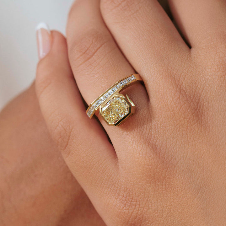 2.0CT Fancy Yellow Radiant East-West Bezel Setting Unique Lab Grown Engagement Ring