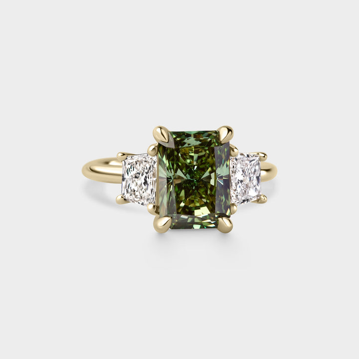 3.0CT Fancy Green Radiant Diamond Three Stone Lab Grown Engagement Ring
