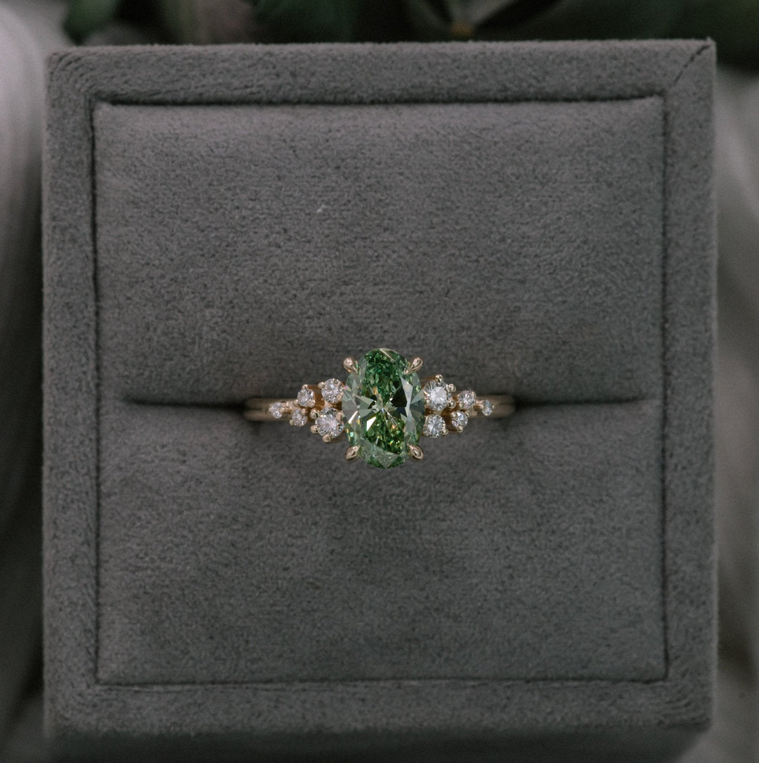 1.0CT Fancy Green Oval Cut Cluster Setting Lab Grown Engagement Ring