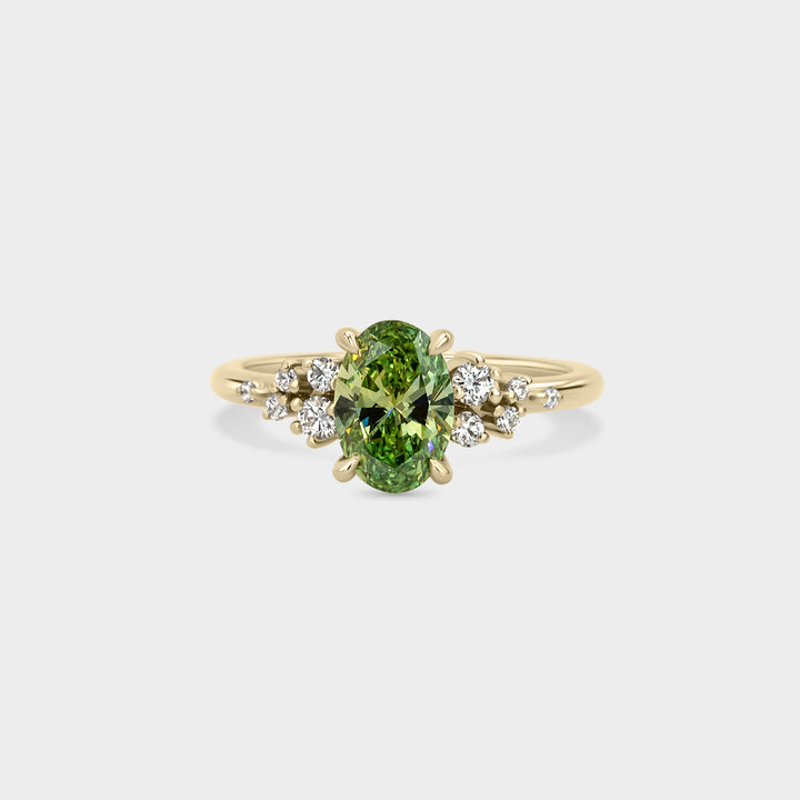 1.0CT Fancy Green Oval Cut Cluster Setting Lab Grown Engagement Ring