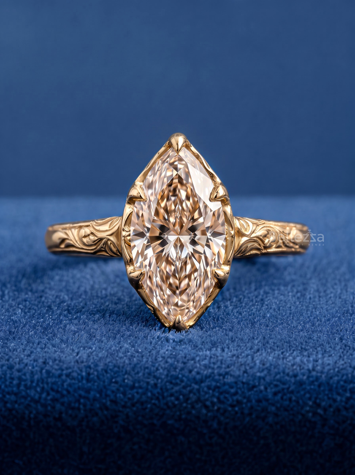 3.50CT Brown Marquise Lab Grown Diamond Engraved Vintage Engagement Ring