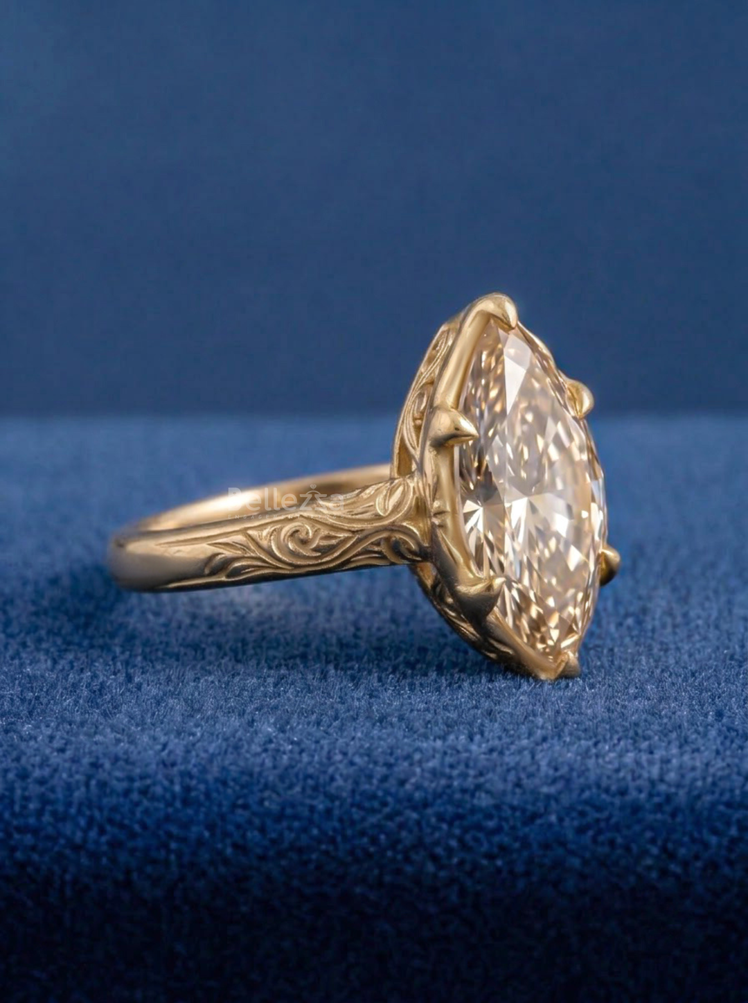 3.50CT Brown Marquise Lab Grown Diamond Engraved Vintage Engagement Ring