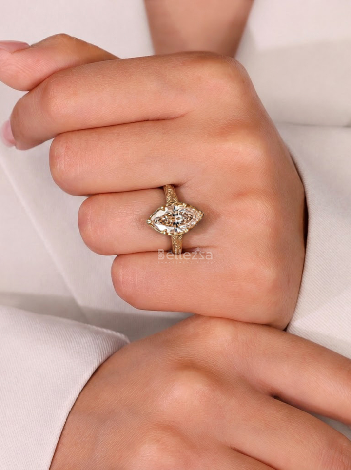 3.50CT Brown Marquise Lab Grown Diamond Engraved Vintage Engagement Ring