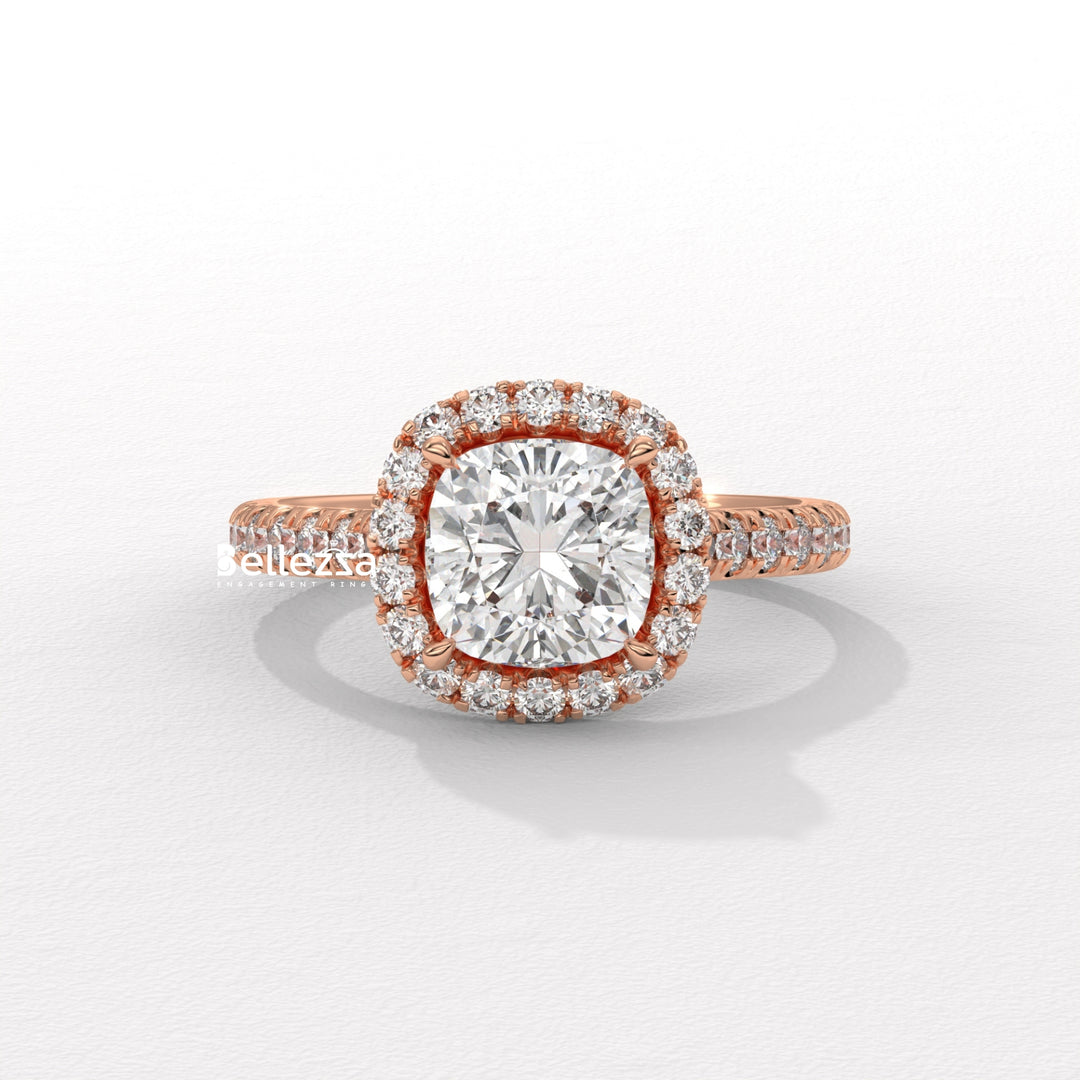1.0-2.0CT Cushion Cut CVD Diamond Halo Pave Setting Engagement Ring