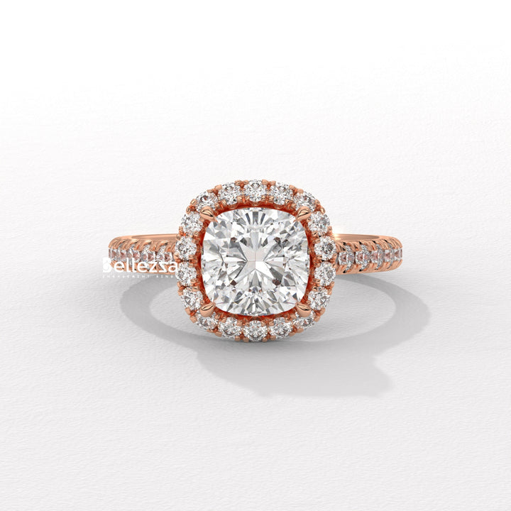 1.0-2.0CT Cushion Cut CVD Diamond Halo Pave Setting Engagement Ring