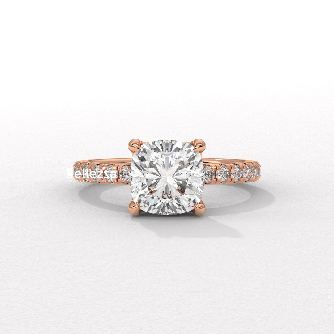 1.0-2.0CT Cushion Cut Diamond Pave Setting Lab Grown Engagement Ring