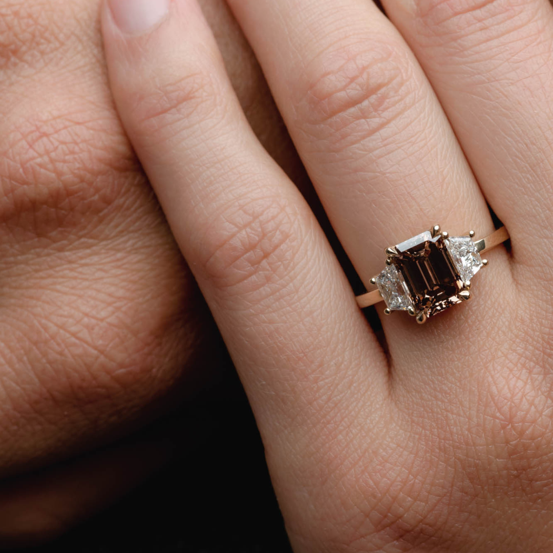 2.50CT Champagne Emerald Cut Three Stone Lab Grown Engagement Ring