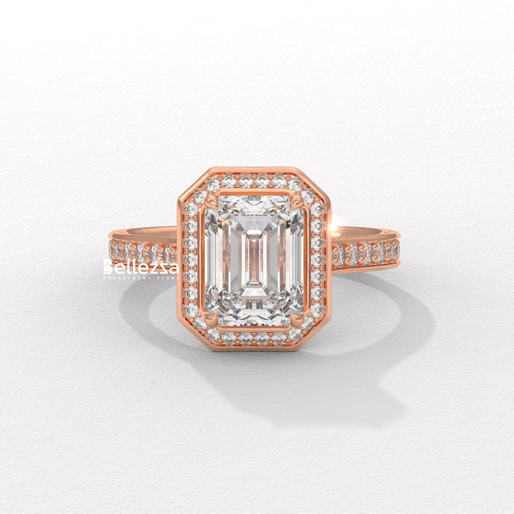2.0-3.0CT Emerald Cut CVD Diamond Halo Pave Set Engagement Ring