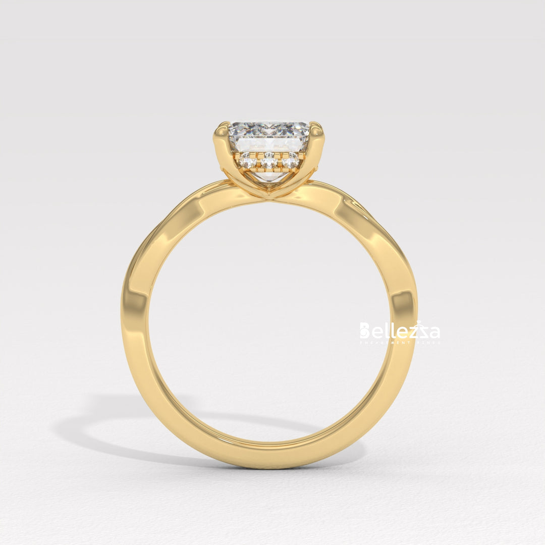 2.0-3.0CT Emerald Cut Twisted Hidden Halo Lab Grown Engagement Ring