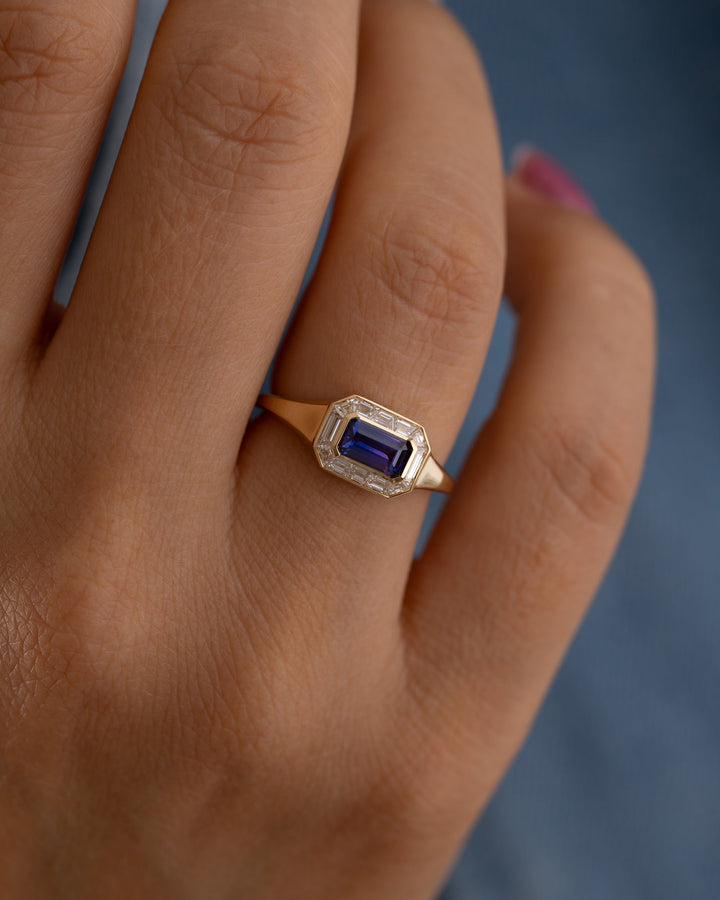 0.50CT Blue Sapphire Emerald Cut East-West Halo Setting Lab Grown Ring