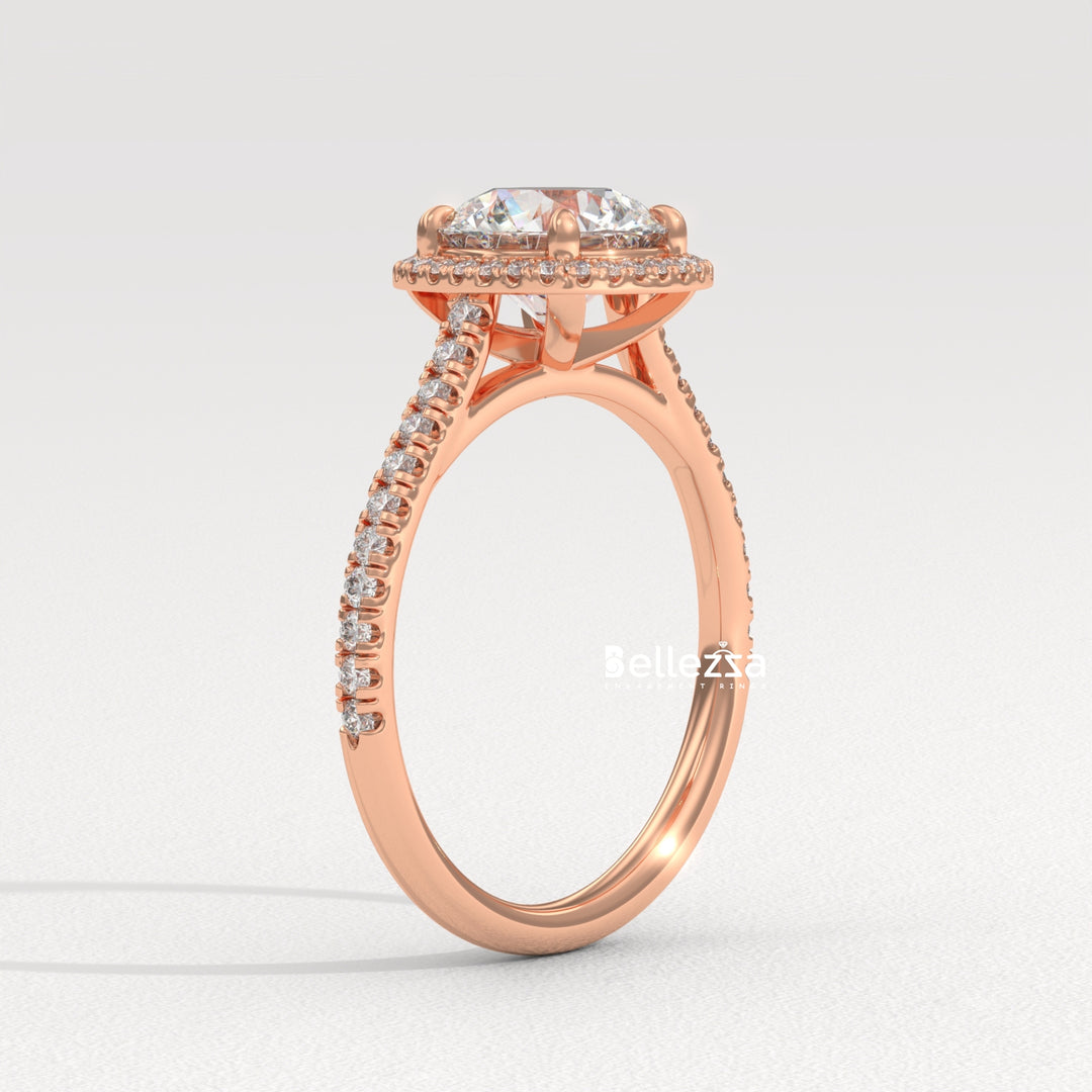 1.0-2.0CT Round Cut Halo Pave Setting Lab Grown Diamond Engagement Ring