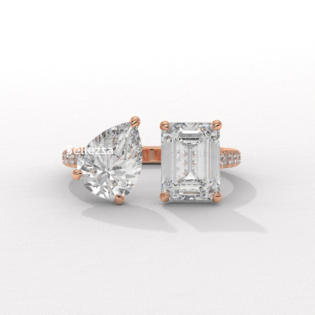 1.0CT Pear & Emerald Cut Hidden Halo Open Style Two Stone Lab Grown Ring
