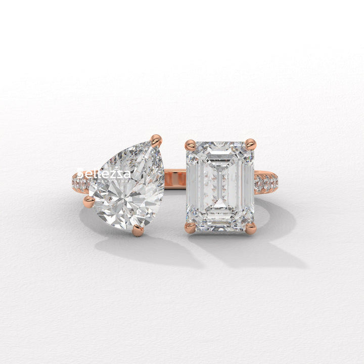 1.0CT Pear & Emerald Cut Hidden Halo Open Style Two Stone Lab Grown Ring