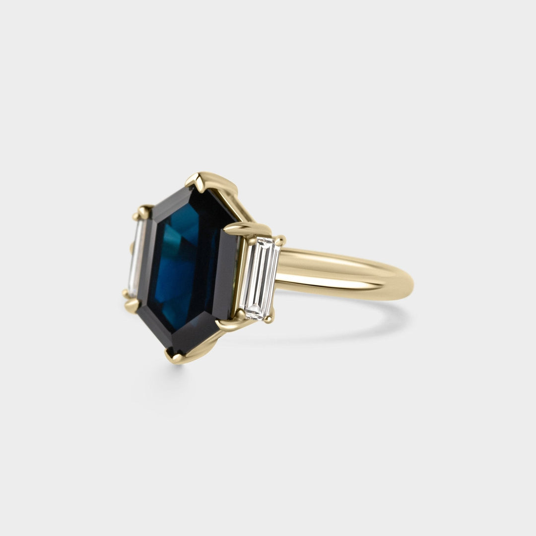 3.50CT Blue Sapphire Elongated Hexagon Diamond Three Stone Lab Grown Ring