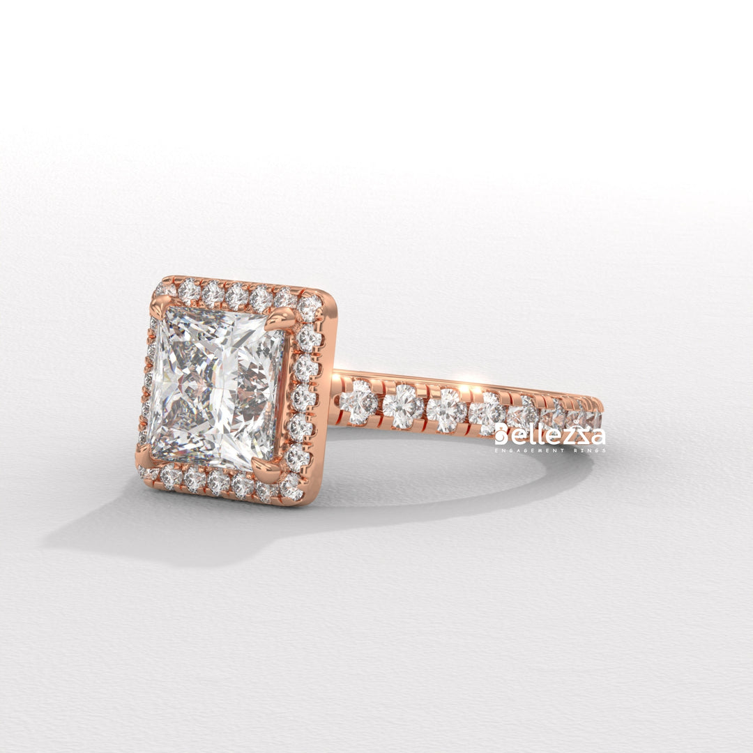 1.0-2.0CT Princess Cut Halo Pave Lab Grown Engagement Ring