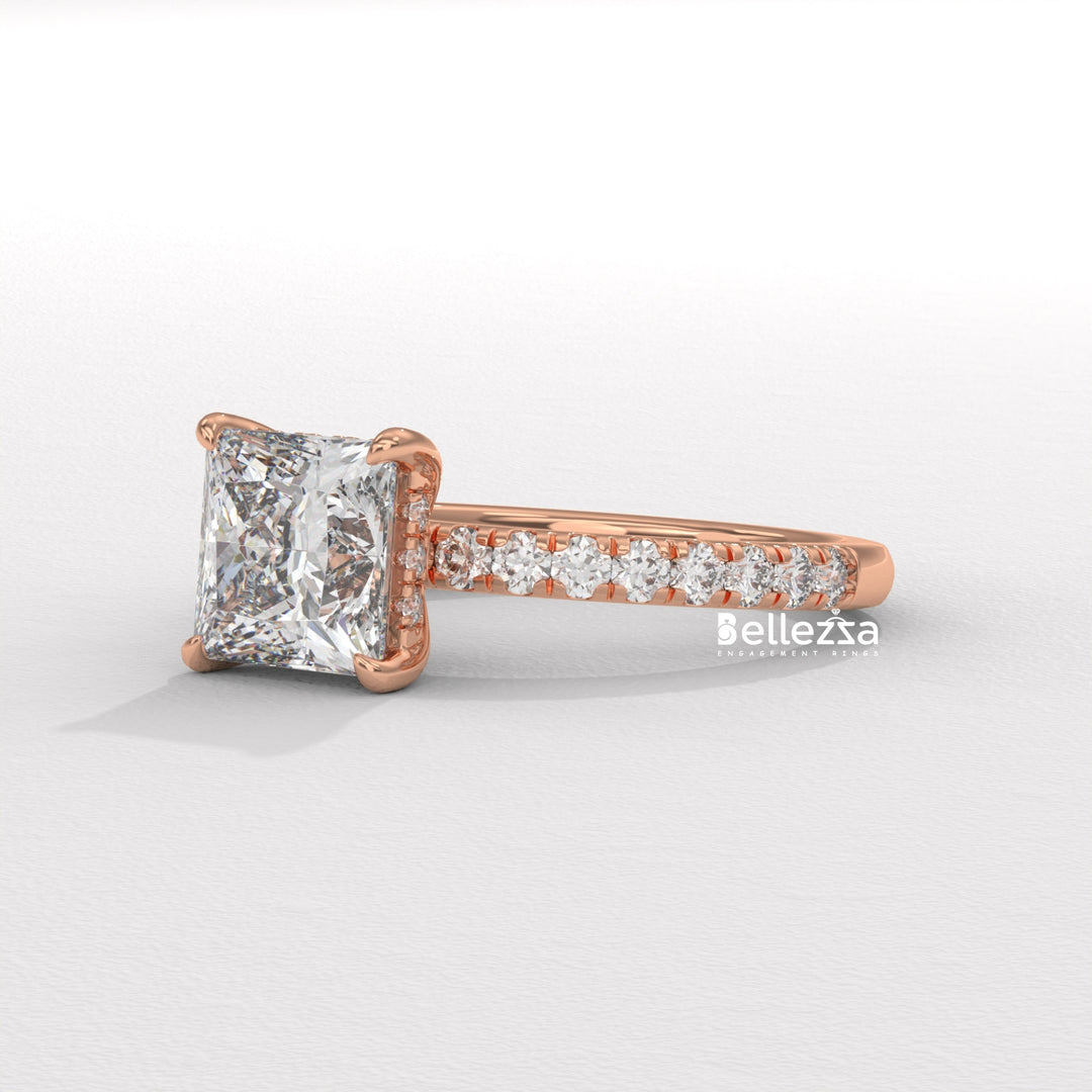 1.0-2.0CT Princess Cut Lab Grown Diamond Pave Setting Engagement Ring