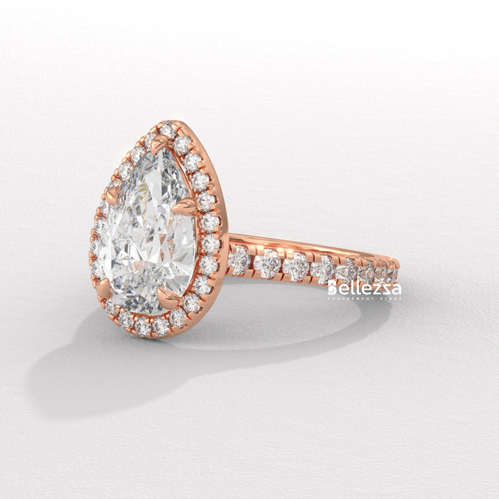 1.50-2.50CT Pear Cut CVD Diamond Halo Pave Setting Engagement Ring