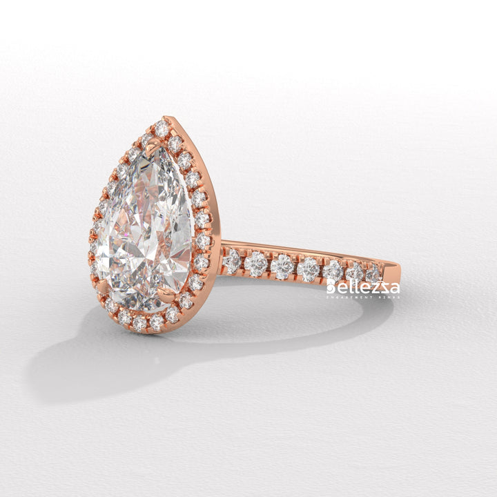 1.50-2.50CT Pear Cut CVD Diamond Halo Pave Setting Engagement Ring