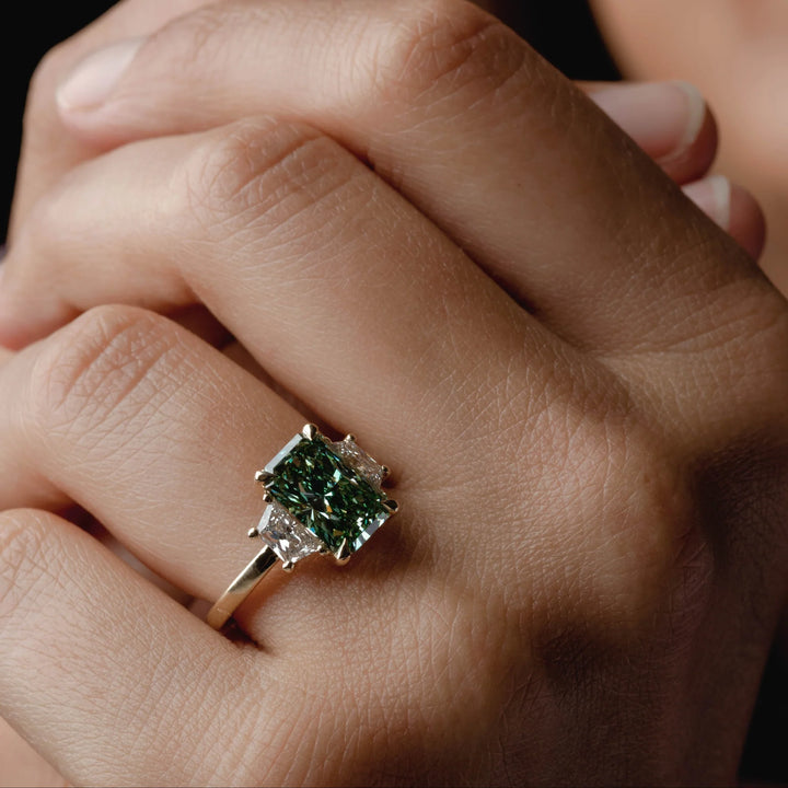3.50CT Fancy Green Radiant Diamond Three Stone Lab Grown Engagement Ring